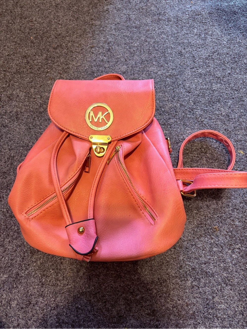 Michael Kors Coral-Pink Pebbled Leather Drawstring Backpack with MK Logo